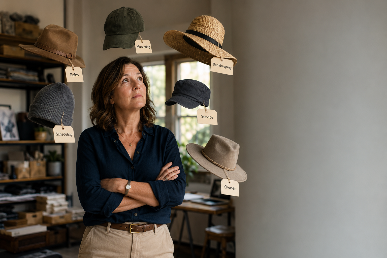 Business owner surrounded by labeled hats representing every job she does, illustrating how to pay yourself as a business owner.